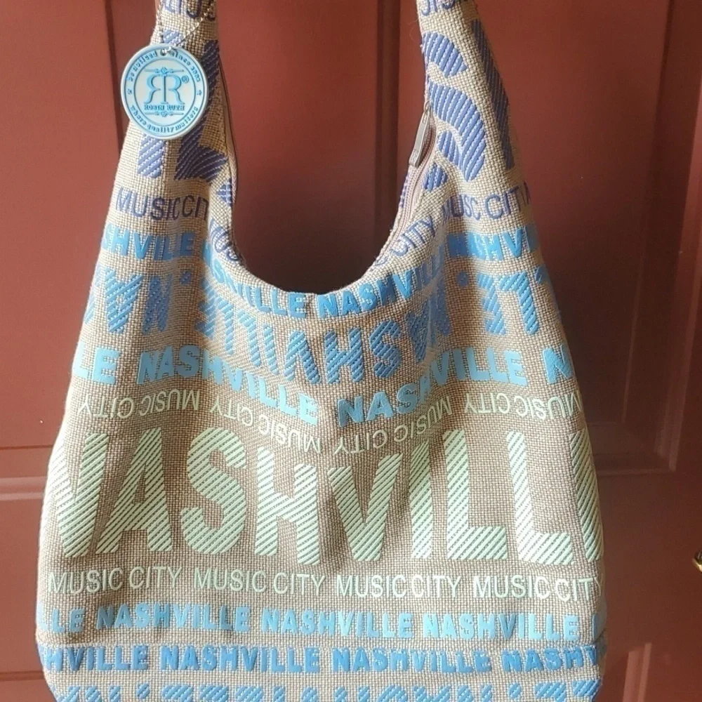 NASHVILLE tote  Robin Ruth tan blue green  w/ Zipper Souvenir Scrabble Poshfest